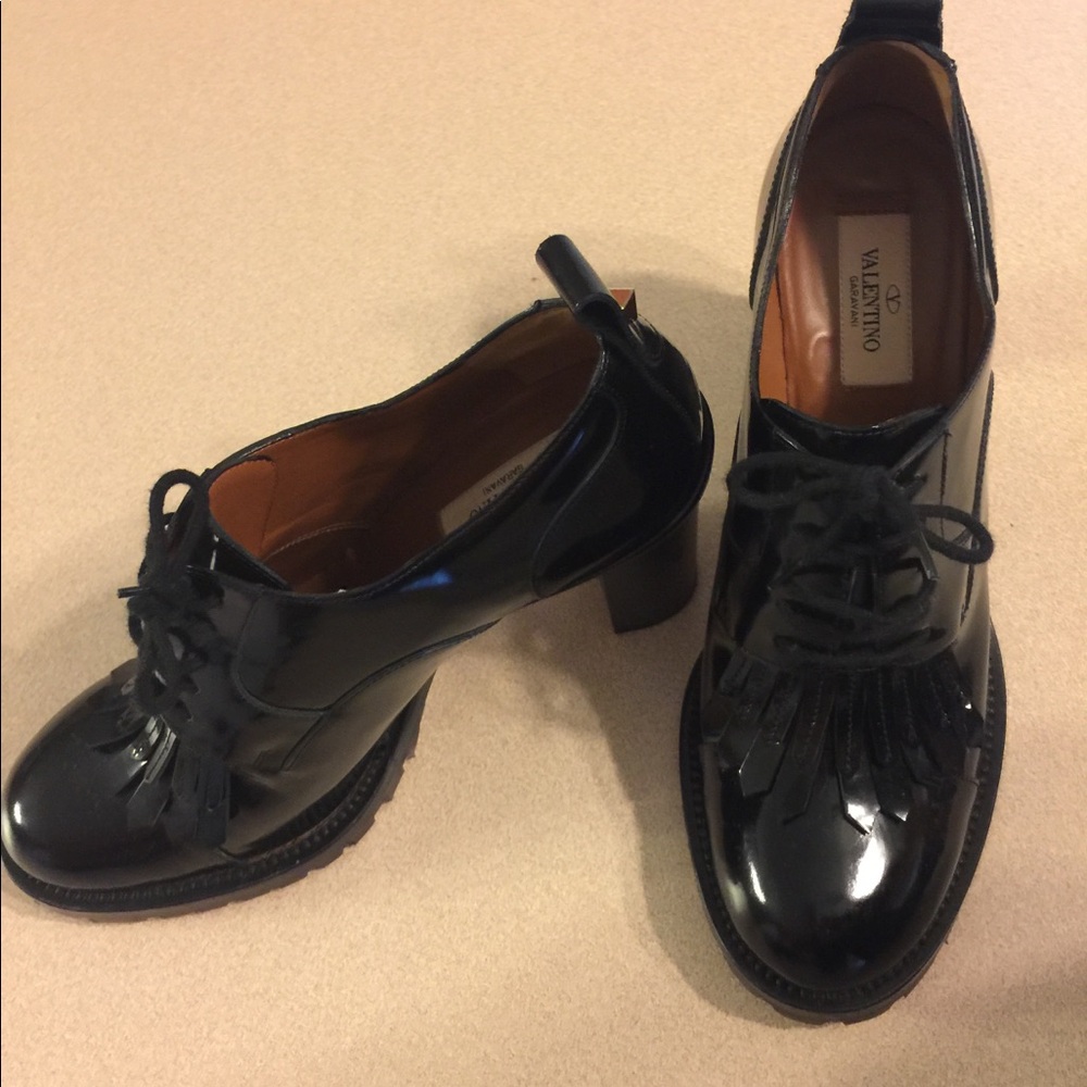 Valentino Black Patent Leather Fringe Lace-Up Ankle Booties